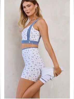 Blueberry Gingham Activewear Set - Sports Bra & High Waist Shorts